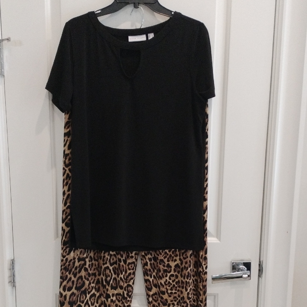 Susan Graver 2 Piece Black Top and Leopard Print Pants Set